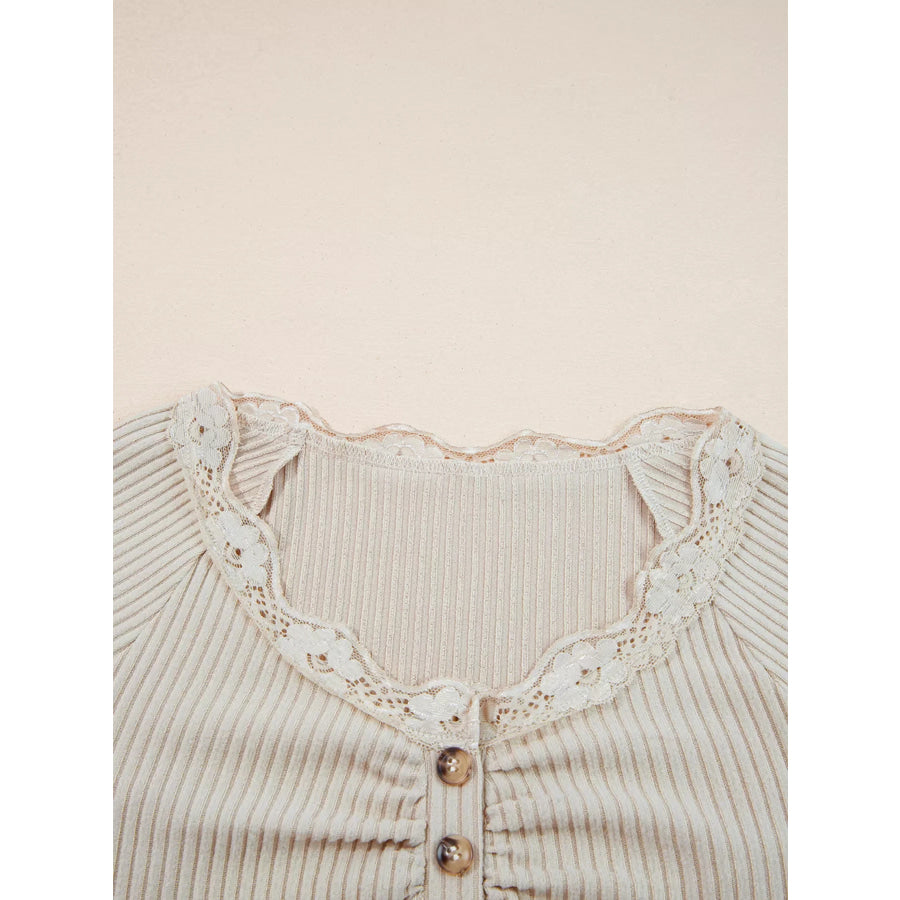 Lace Neckline Button Decor Lettuce Edge Long Sleeve Ribbed Top Apparel and Accessories