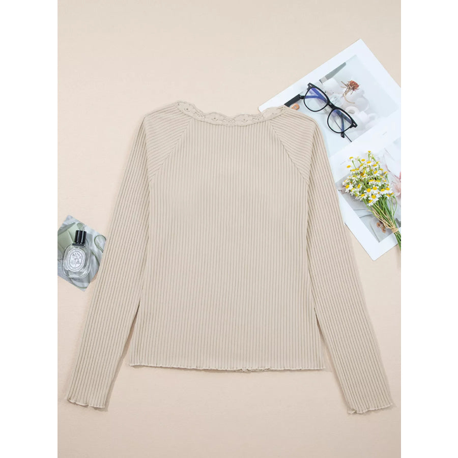 Lace Neckline Button Decor Lettuce Edge Long Sleeve Ribbed Top Apparel and Accessories