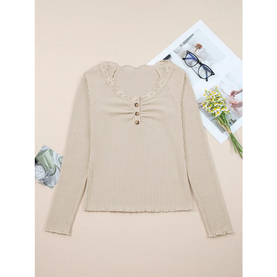 Lace Neckline Button Decor Lettuce Edge Long Sleeve Ribbed Top Apparel and Accessories