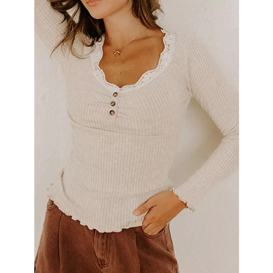 Lace Neckline Button Decor Lettuce Edge Long Sleeve Ribbed Top Beige / S Apparel and Accessories