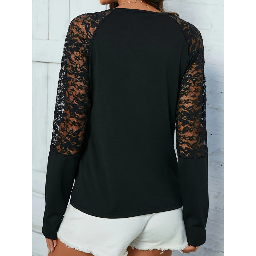 Lace Notched Long Sleeve Blouse Apparel and Accessories