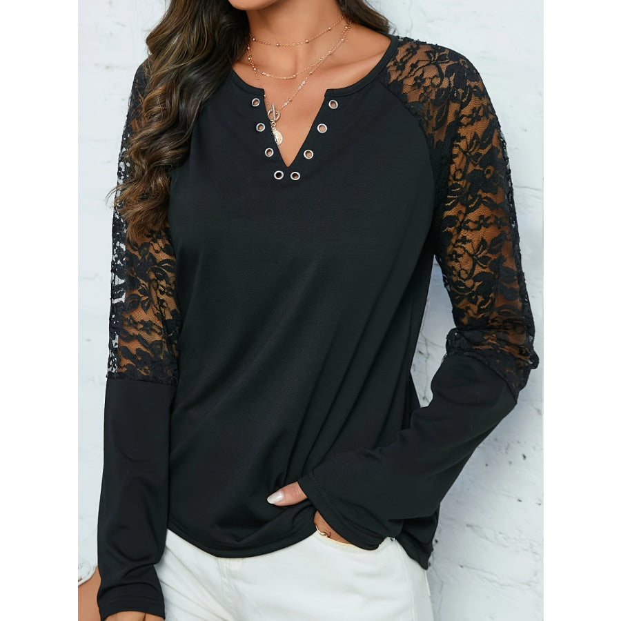 Lace Notched Long Sleeve Blouse Apparel and Accessories