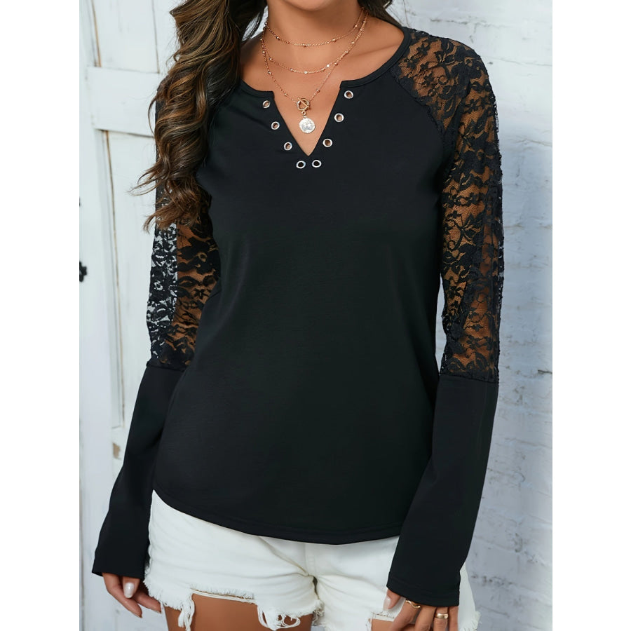 Lace Notched Long Sleeve Blouse Apparel and Accessories