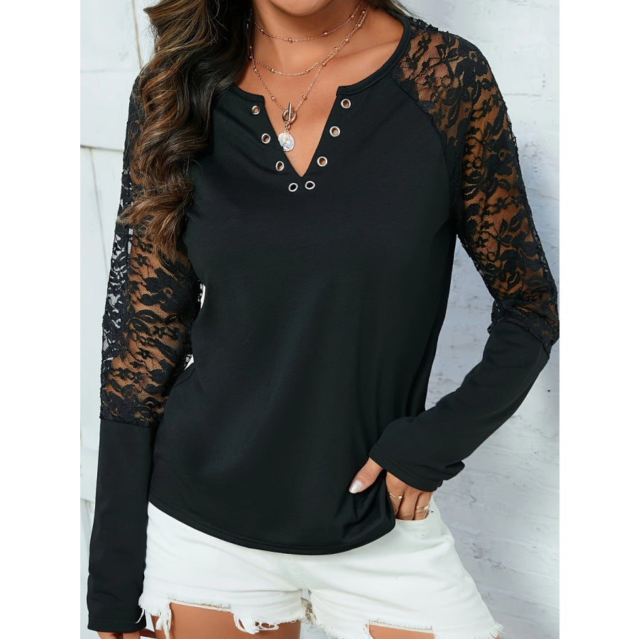 Lace Notched Long Sleeve Blouse Black / S Apparel and Accessories