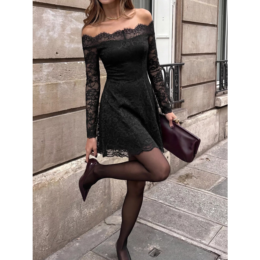 Lace Off Shoulder Mini Dress Black / S Apparel and Accessories