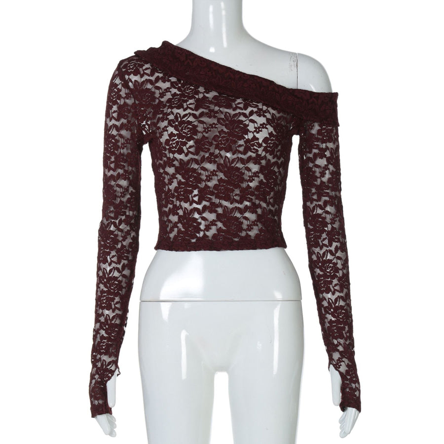 Lace One-Shoulder Long Sleeve Top Apparel and Accessories
