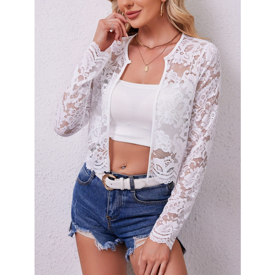 Lace Open Front Long Sleeve Jacket White / S Apparel and Accessories