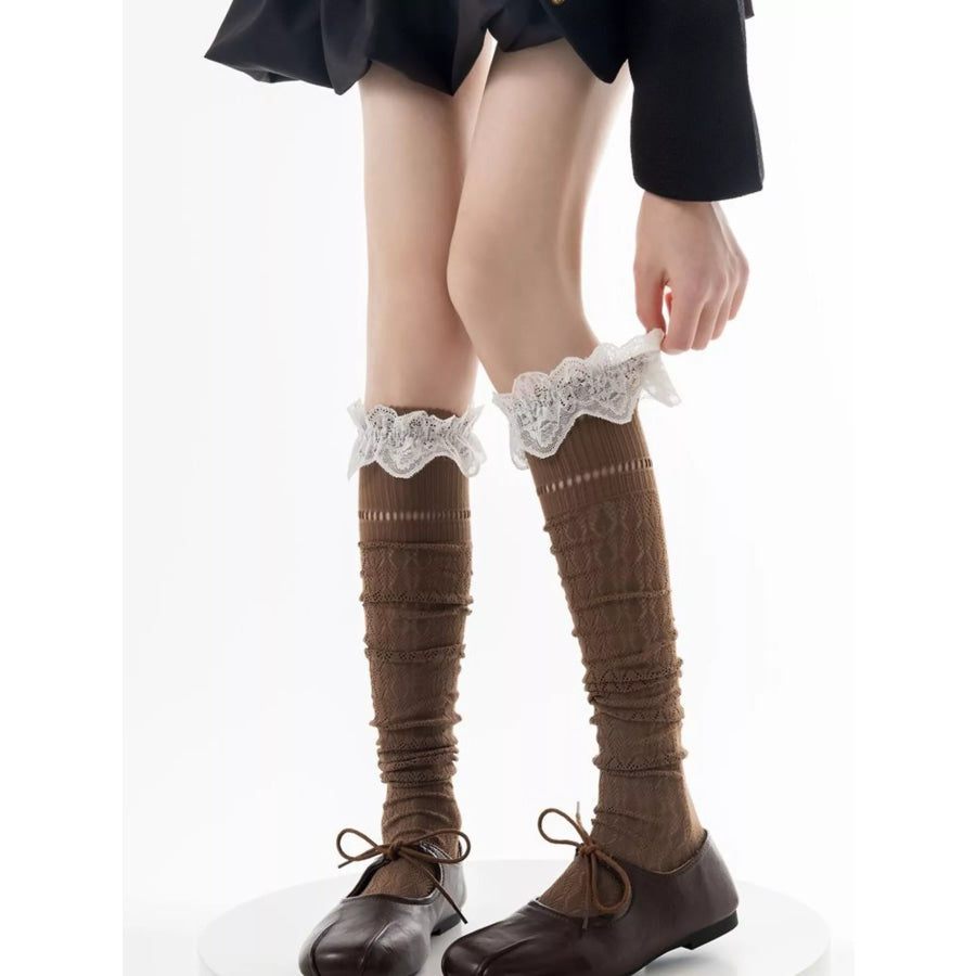 Lace Over-the-Knee Hollow-Out Stockings Coffee / One Size Apparel and Accessories