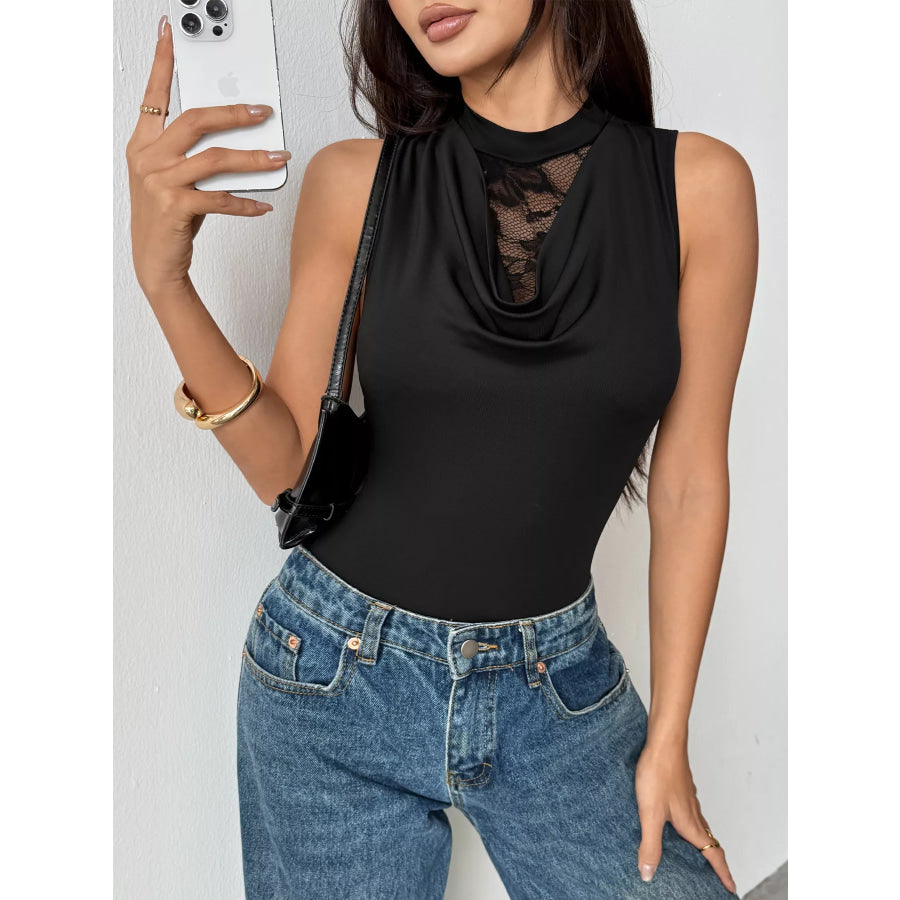 Lace Panel Cowl Neck Sleeveless Bodysuit Apparel and Accessories