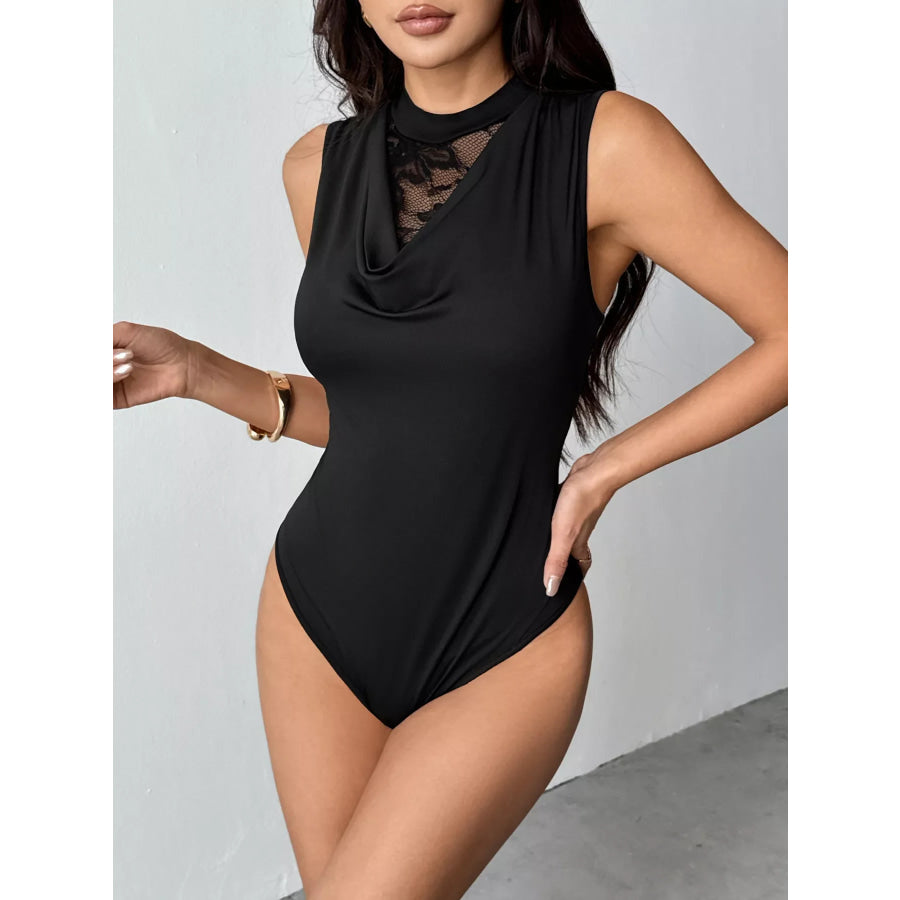 Lace Panel Cowl Neck Sleeveless Bodysuit Black / S Apparel and Accessories