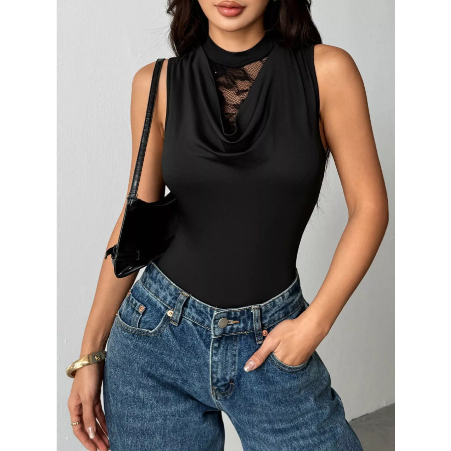 Lace Panel Cowl Neck Sleeveless Bodysuit Apparel and Accessories