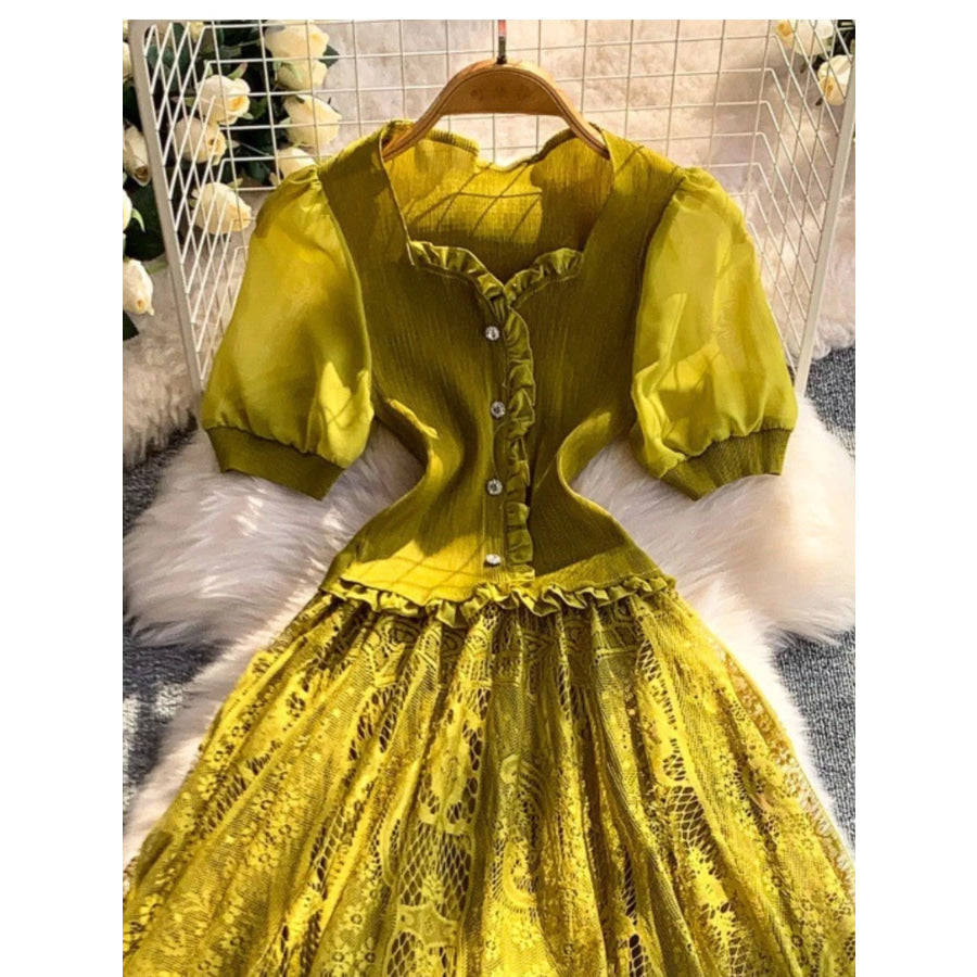 Lace Panel Puff Sleeve Dress Apparel and Accessories