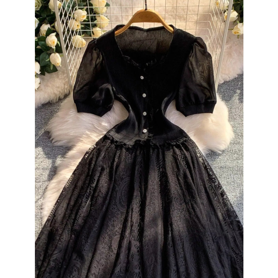 Lace Panel Puff Sleeve Dress Apparel and Accessories
