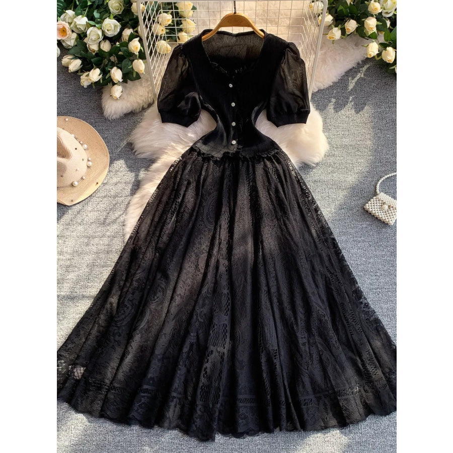 Lace Panel Puff Sleeve Dress Black / One Size Apparel and Accessories