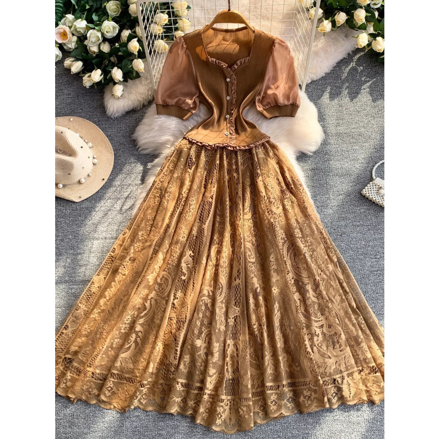 Lace Panel Puff Sleeve Dress Brown / One Size Apparel and Accessories