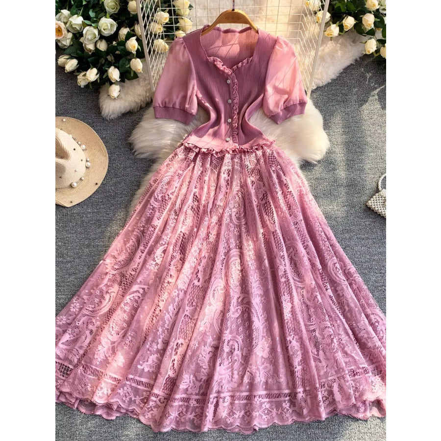 Lace Panel Puff Sleeve Dress Pink / One Size Apparel and Accessories