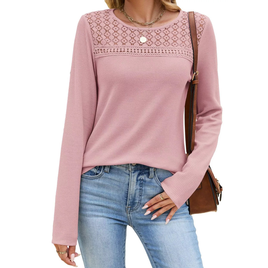 Lace Panel Waffle Knit Long Sleeve T-Shirt Apparel and Accessories
