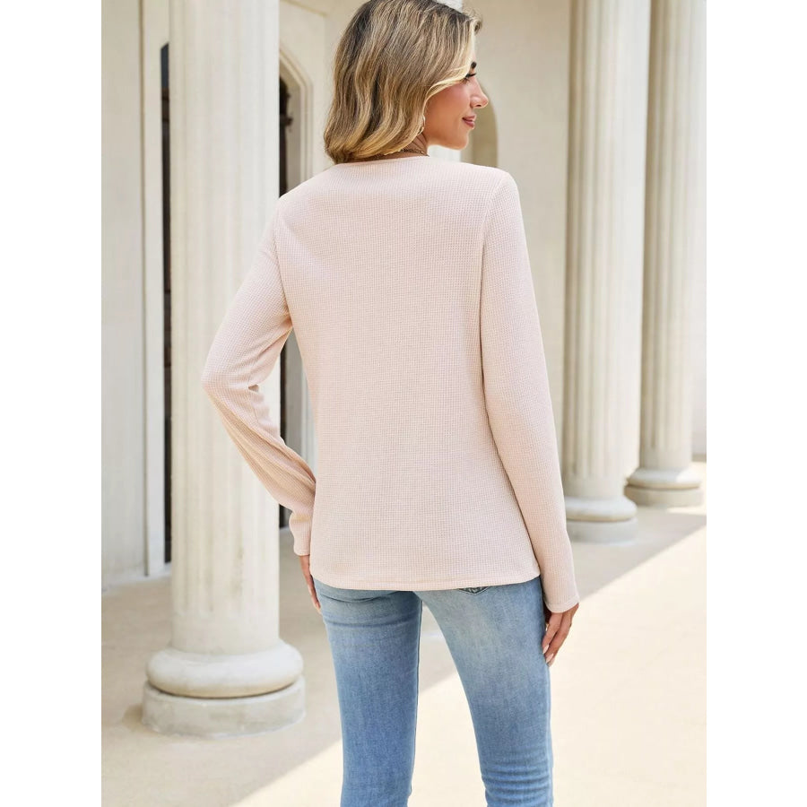 Lace Panel Waffle Knit Long Sleeve T-Shirt Apparel and Accessories