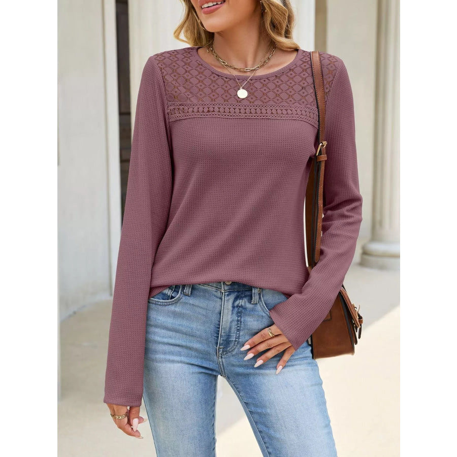 Lace Panel Waffle Knit Long Sleeve T-Shirt Apparel and Accessories