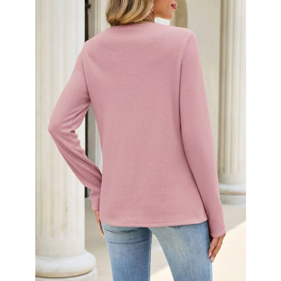 Lace Panel Waffle Knit Long Sleeve T-Shirt Apparel and Accessories