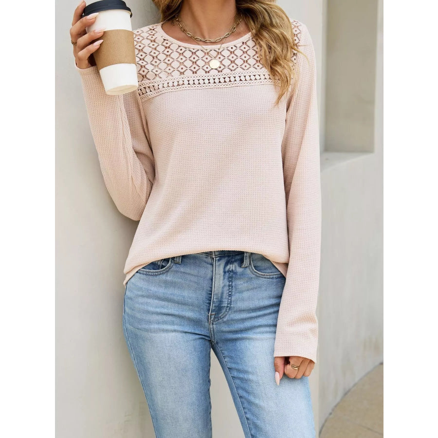 Lace Panel Waffle Knit Long Sleeve T-Shirt Apparel and Accessories