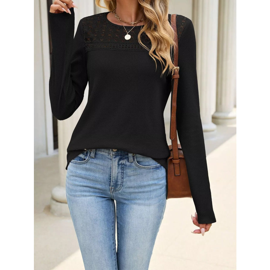 Lace Panel Waffle Knit Long Sleeve T-Shirt Apparel and Accessories