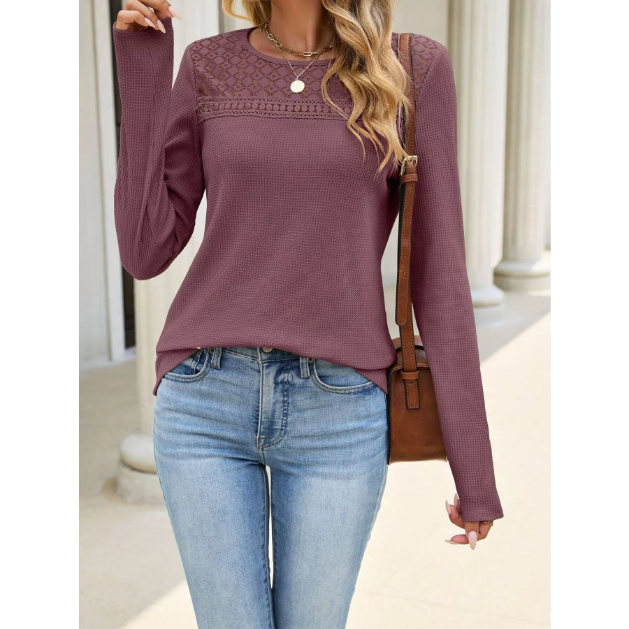 Lace Panel Waffle Knit Long Sleeve T-Shirt Apparel and Accessories