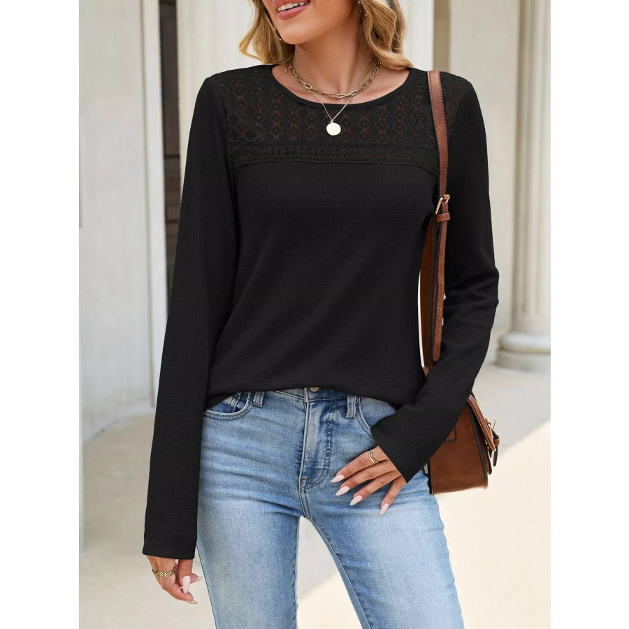 Lace Panel Waffle Knit Long Sleeve T-Shirt Apparel and Accessories