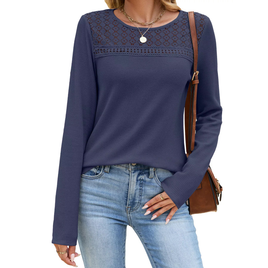 Lace Panel Waffle Knit Long Sleeve T-Shirt Apparel and Accessories