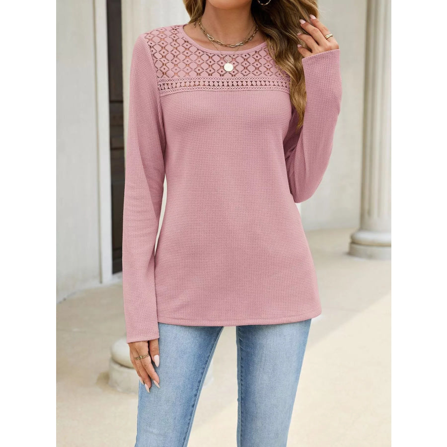 Lace Panel Waffle Knit Long Sleeve T-Shirt Apparel and Accessories
