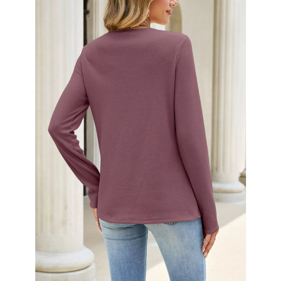 Lace Panel Waffle Knit Long Sleeve T-Shirt Apparel and Accessories