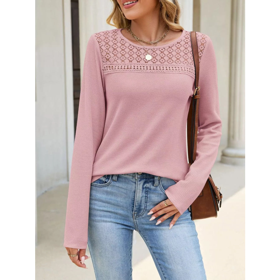 Lace Panel Waffle Knit Long Sleeve T-Shirt Apparel and Accessories