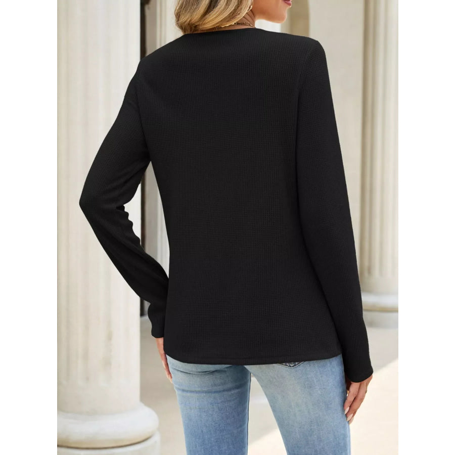 Lace Panel Waffle Knit Long Sleeve T-Shirt Apparel and Accessories