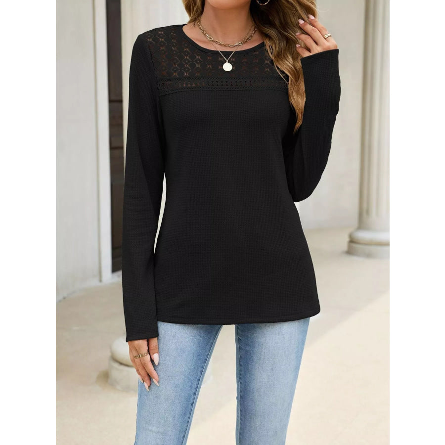 Lace Panel Waffle Knit Long Sleeve T-Shirt Black / S Apparel and Accessories