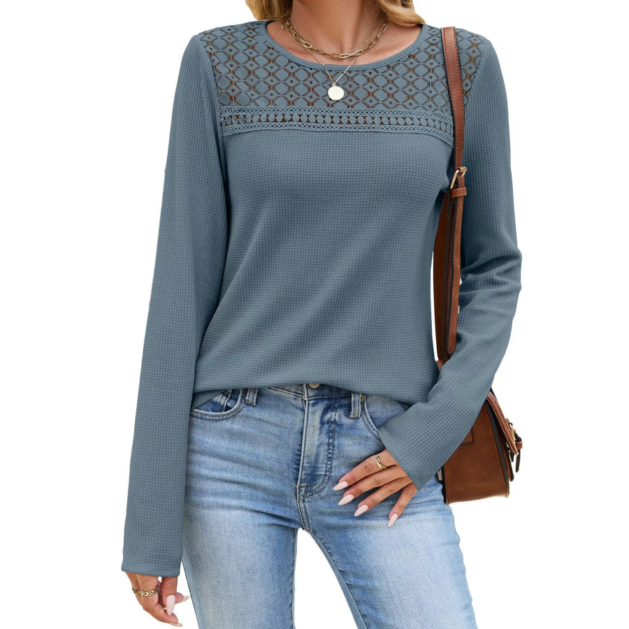 Lace Panel Waffle Knit Long Sleeve T-Shirt Blue Gray / S Apparel and Accessories