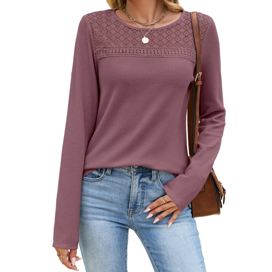 Lace Panel Waffle Knit Long Sleeve T-Shirt Brick Red / S Apparel and Accessories