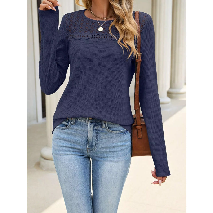 Lace Panel Waffle Knit Long Sleeve T-Shirt Navy Blue / S Apparel and Accessories
