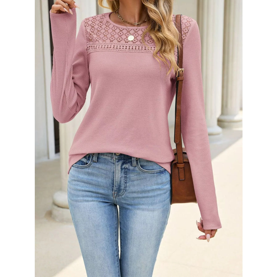 Lace Panel Waffle Knit Long Sleeve T-Shirt Pink / S Apparel and Accessories