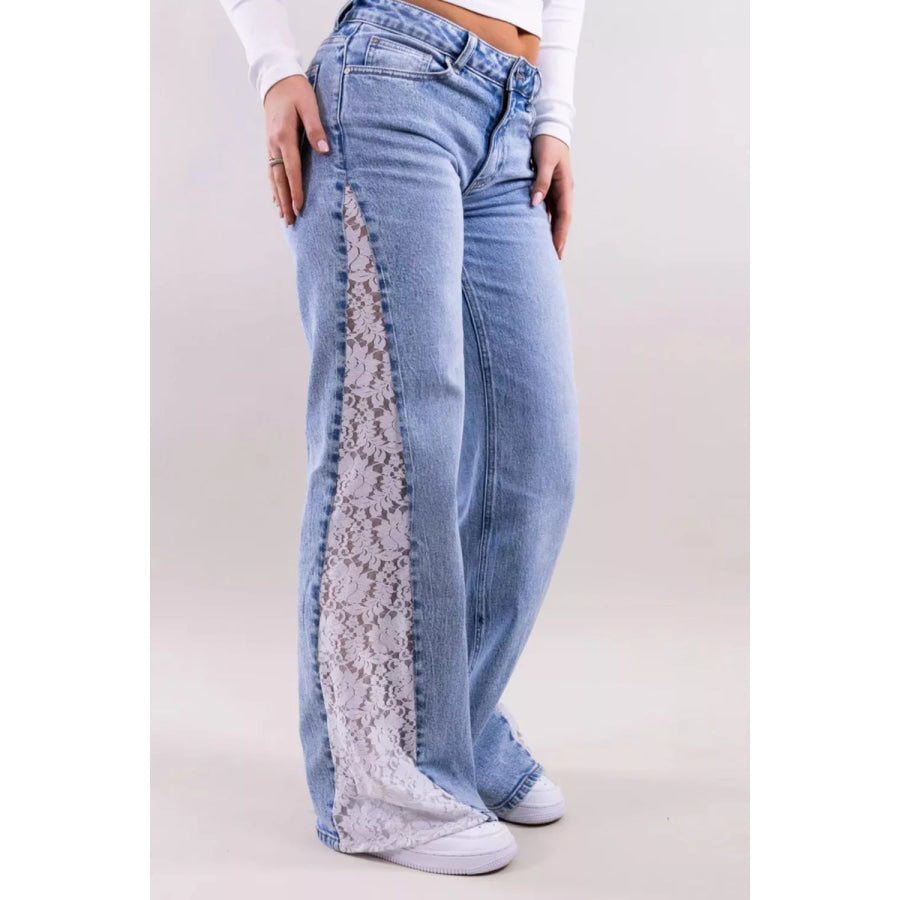 Lace-Paneled Wide-Leg Jeans Apparel and Accessories