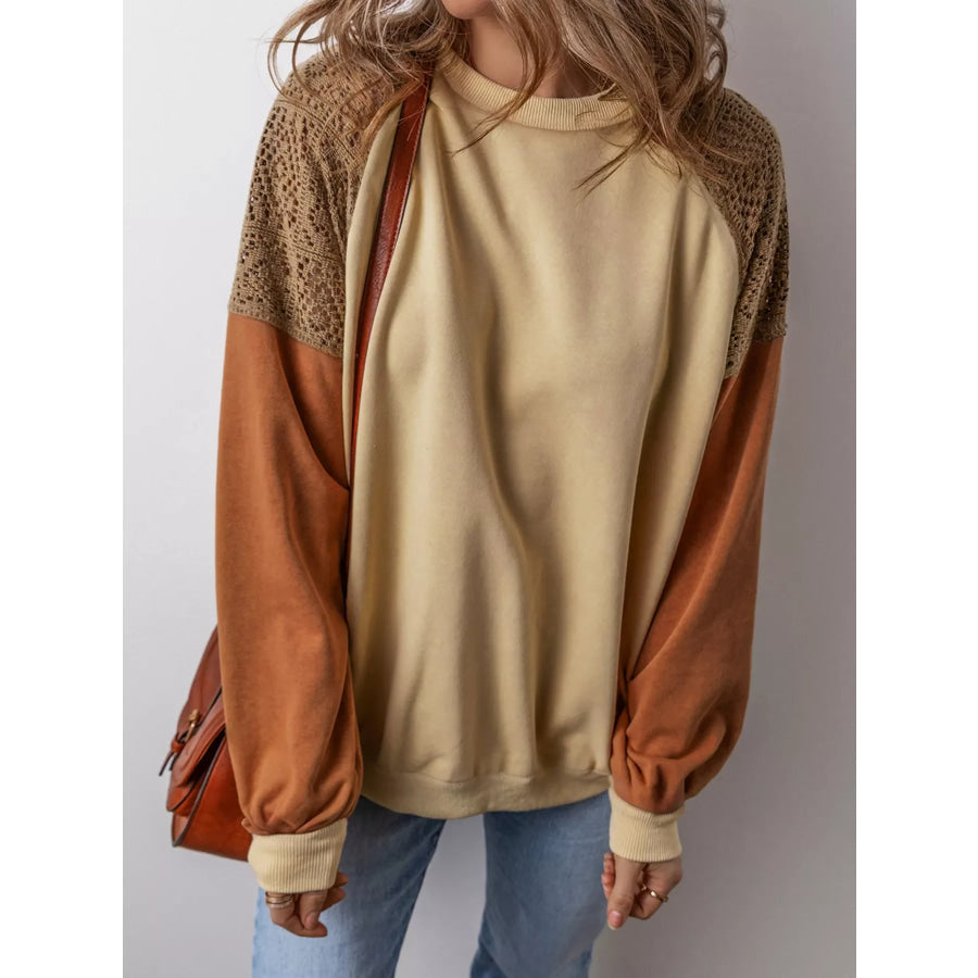 Lace Patchwork Colorblock Drop Shoulder Sweatshirt Apparel and Accessories