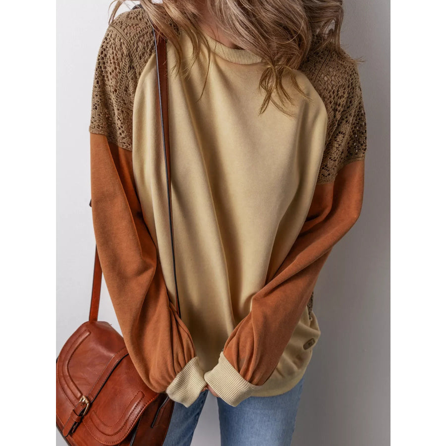 Lace Patchwork Colorblock Drop Shoulder Sweatshirt Tan / S Apparel and Accessories