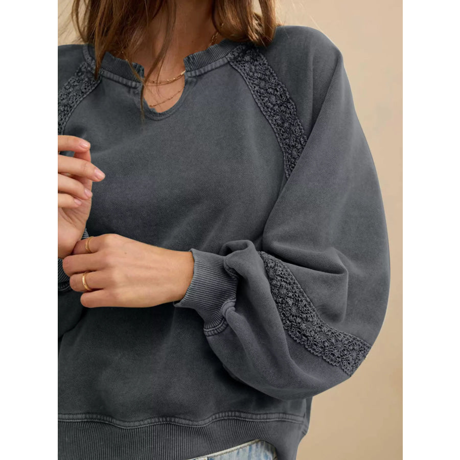 Lace Patchwork Detail Notched Mineral Wash Sweatshirt Apparel and Accessories
