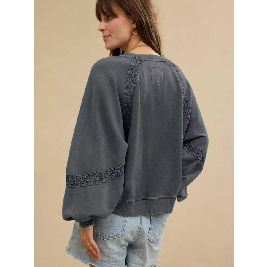 Lace Patchwork Detail Notched Mineral Wash Sweatshirt Apparel and Accessories