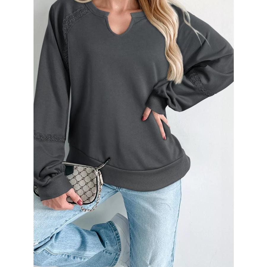 Lace Patchwork Detail Notched Mineral Wash Sweatshirt Apparel and Accessories