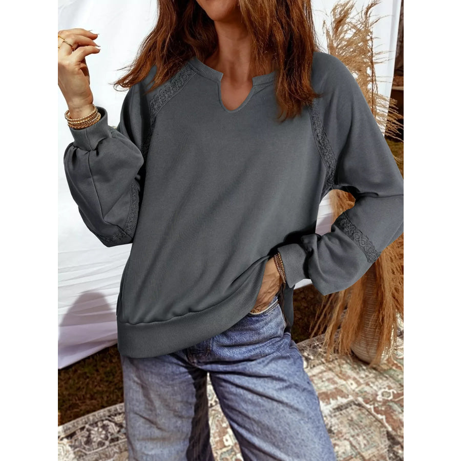 Lace Patchwork Detail Notched Mineral Wash Sweatshirt Apparel and Accessories