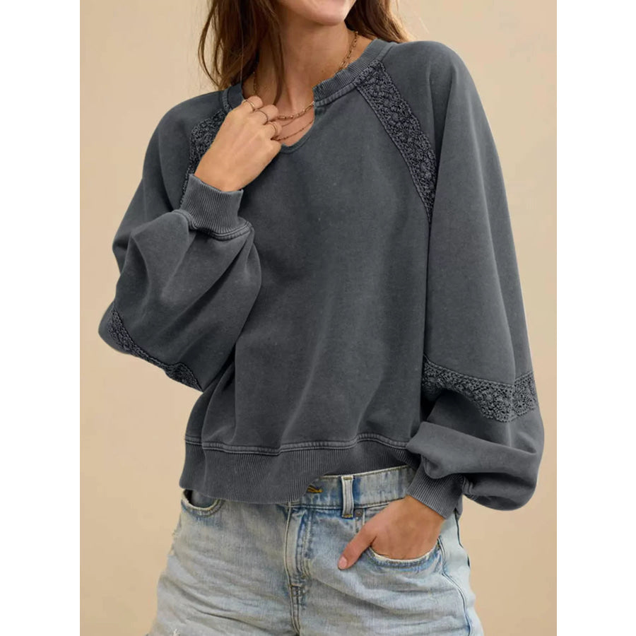 Lace Patchwork Detail Notched Mineral Wash Sweatshirt Dark Gray / S Apparel and Accessories