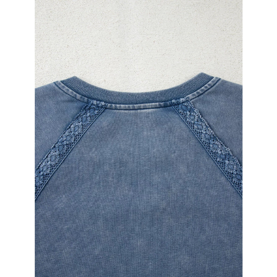 Lace Patchwork Detail Notched Neck Mineral Wash Baggy Sweatshirt Apparel and Accessories