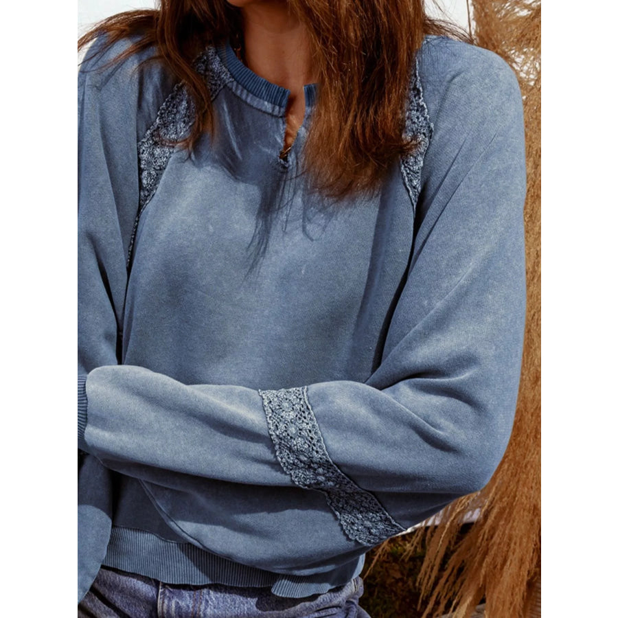 Lace Patchwork Detail Notched Neck Mineral Wash Baggy Sweatshirt Apparel and Accessories