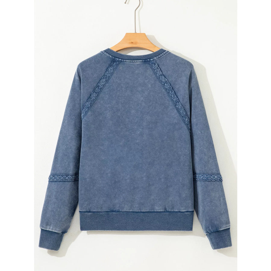Lace Patchwork Detail Notched Neck Mineral Wash Baggy Sweatshirt Apparel and Accessories