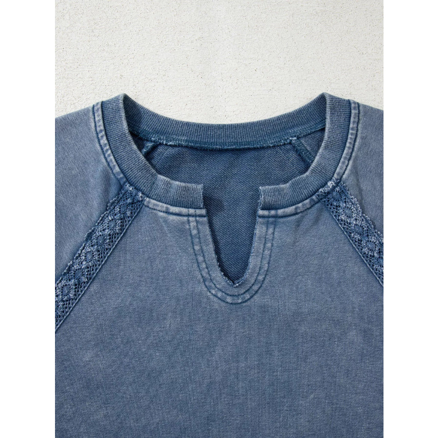 Lace Patchwork Detail Notched Neck Mineral Wash Baggy Sweatshirt Apparel and Accessories